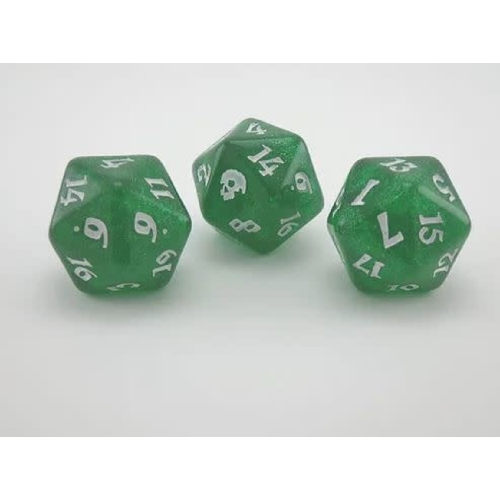 Oversize Dice: Black Death Skull - d20 Virulent Viridian green glitter w/white ink 23mm