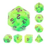 HD Blend Dice: green yellow with purple font | 7 Die Polyhedral Set