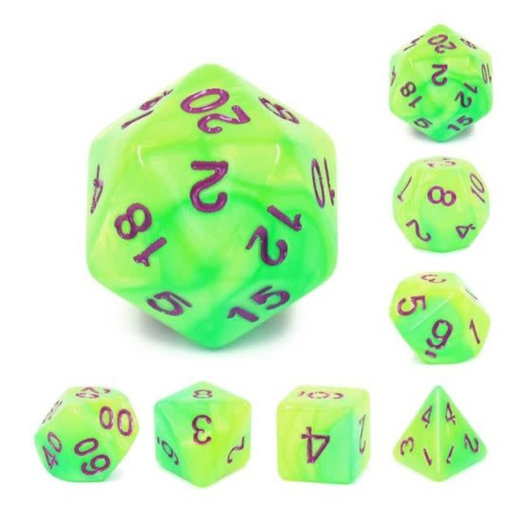 HD Blend Dice: green yellow with purple font | 7 Die Polyhedral Set
