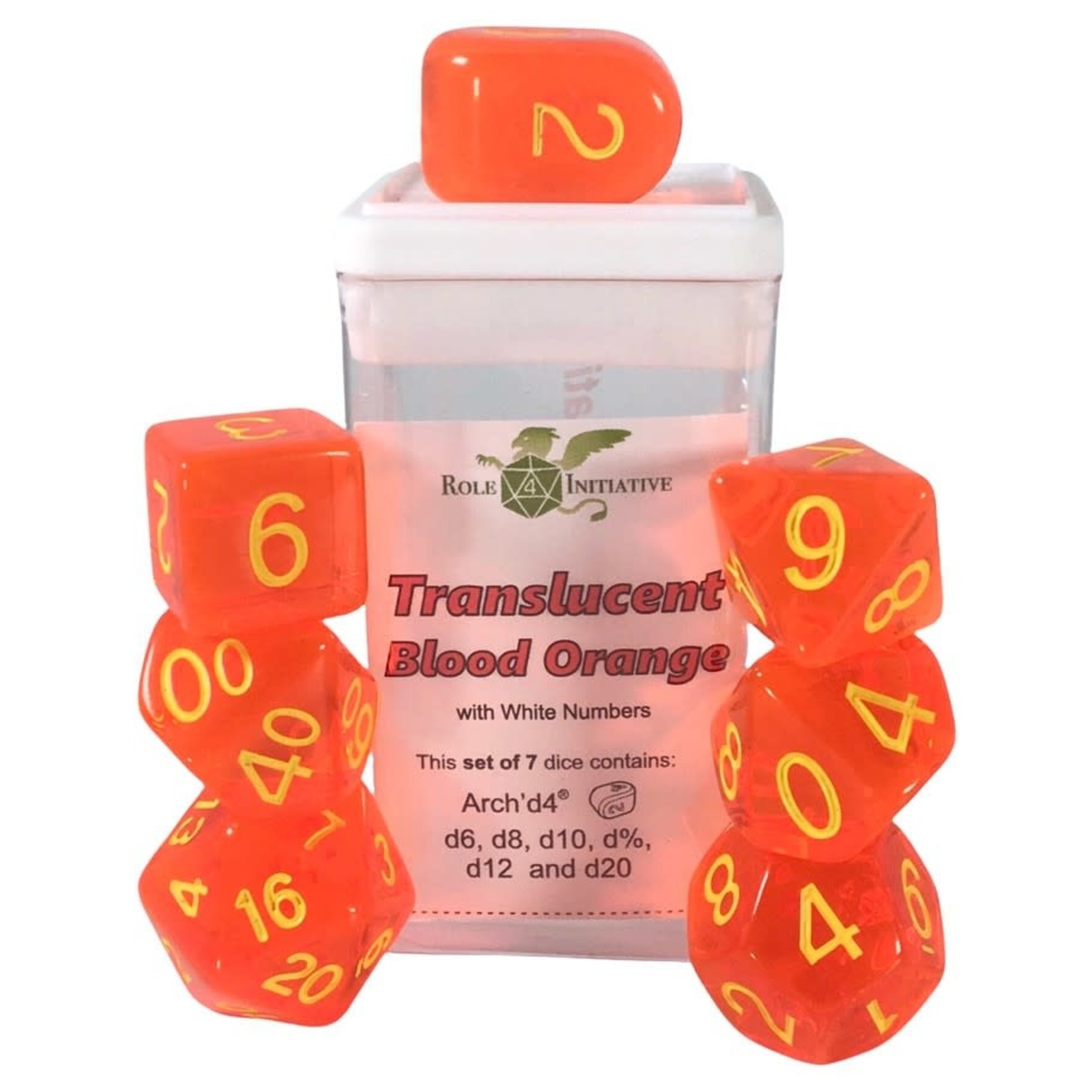 Role 4 Initiative 7-Poly Dice Set Translucent Blood Orange w/Yellow Numbers