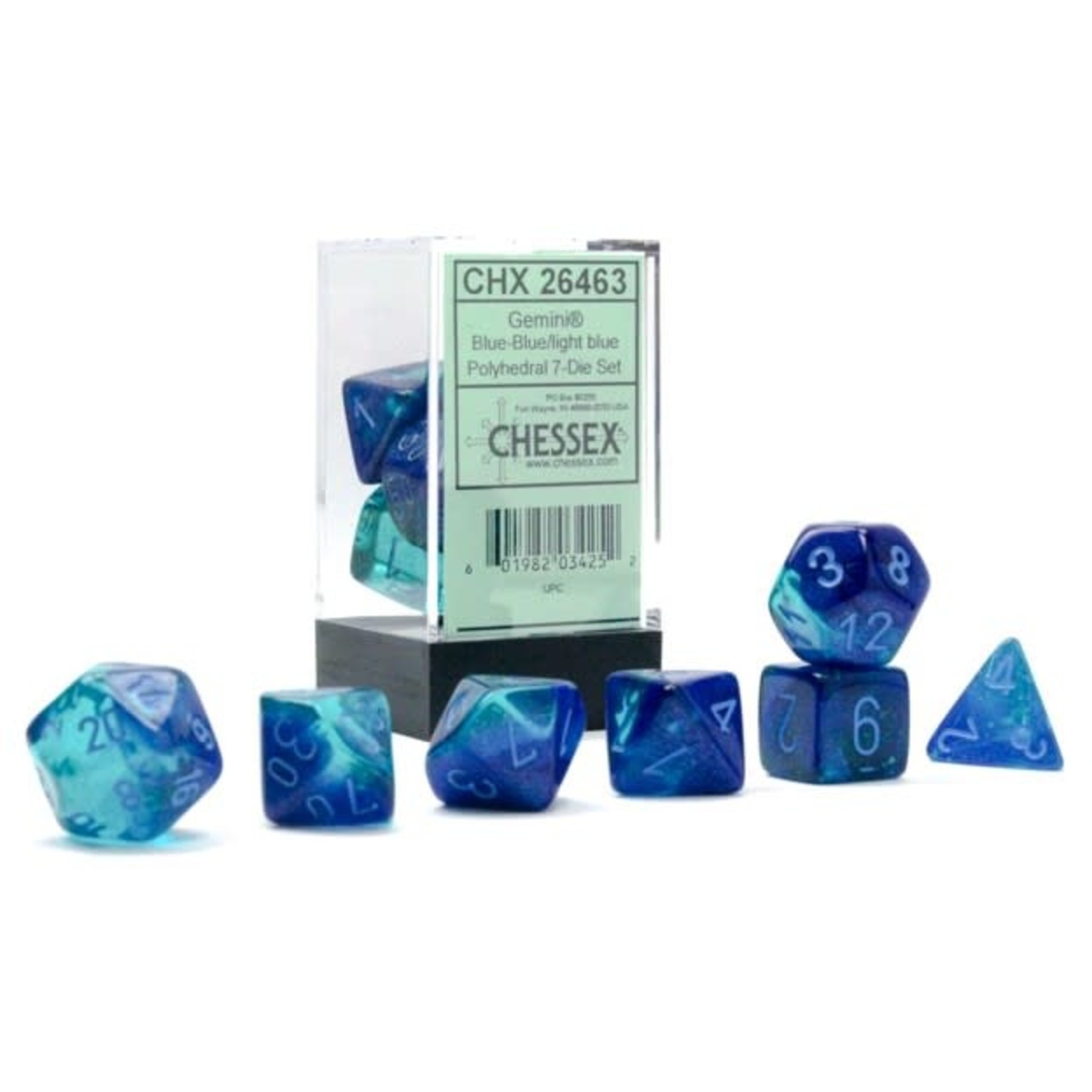 Chessex Gemini Luminary Blue w / Light Blue Numbers | 7 Die Polyhedral Set | 26463