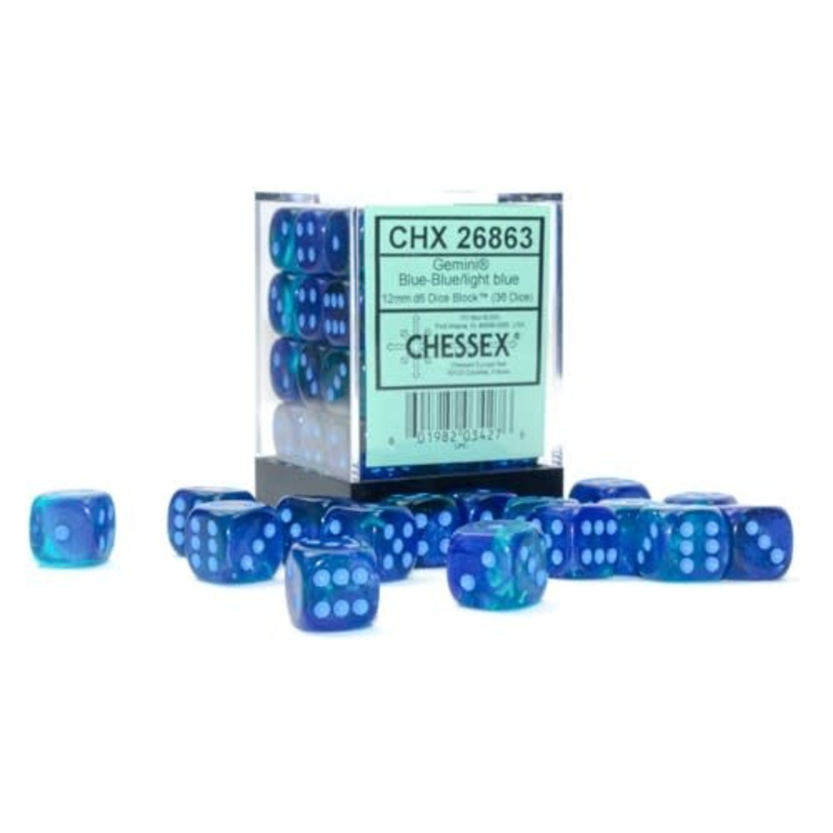 Chessex Gemini Luminary Blue w / Light Blue Numbers | 12mm d6 Dice Block | 26863