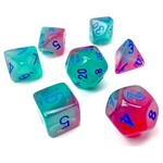Chessex Gemini Luminary Gel Green and Pink with Blue Numbers | 7 Die Polyhedral Set | 26464