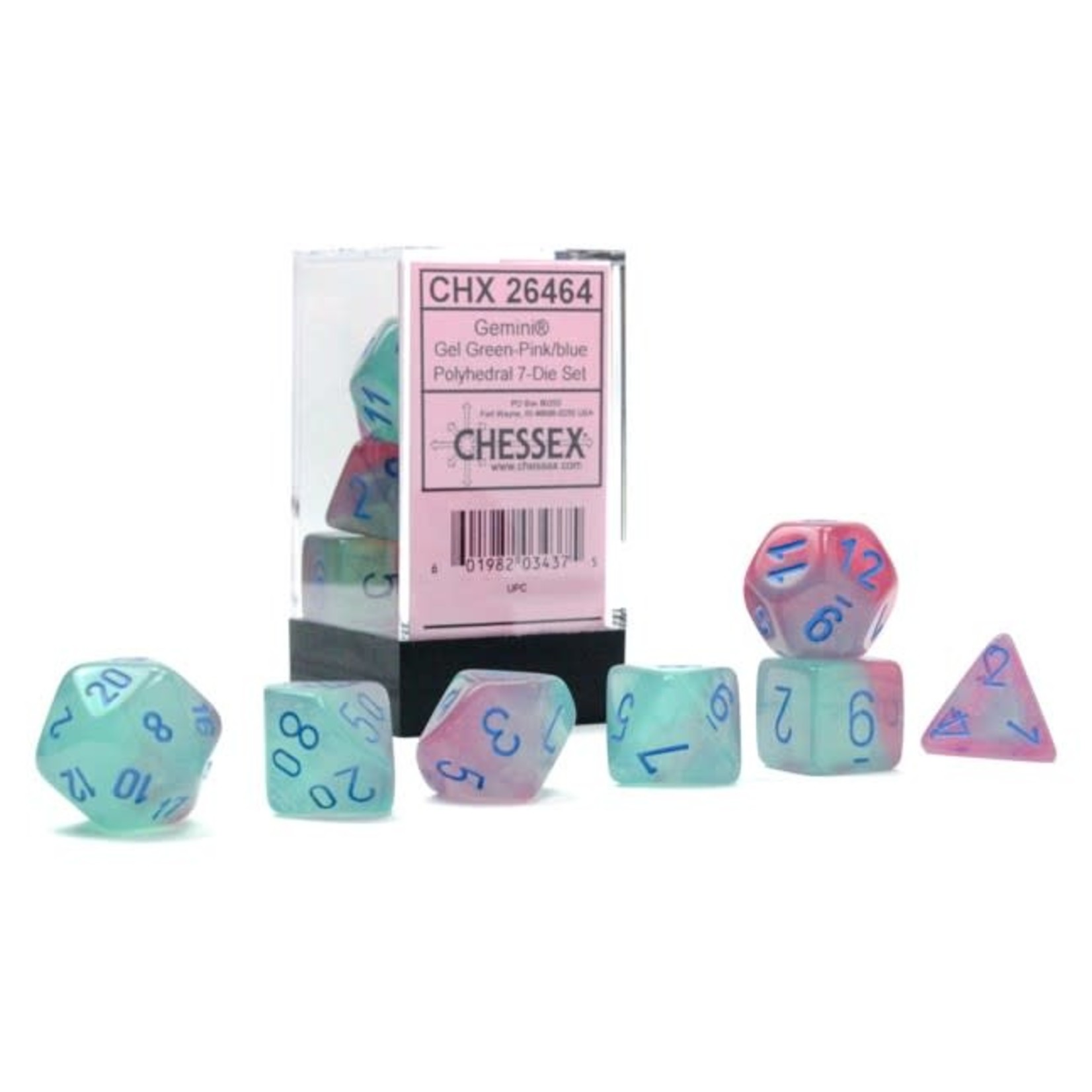 Chessex Gemini Luminary Gel Green and Pink with Blue Numbers | 7 Die Polyhedral Set | 26464