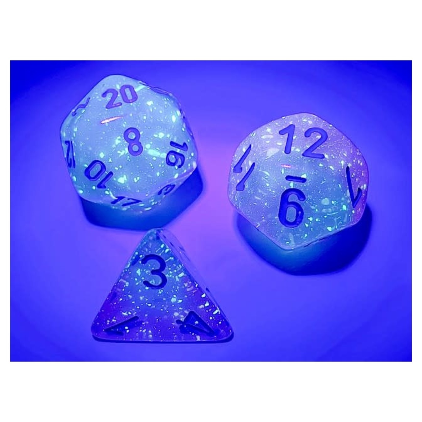 Chessex Gemini Luminary Gel Green and Pink with Blue Numbers | 7 Die Polyhedral Set | 26464