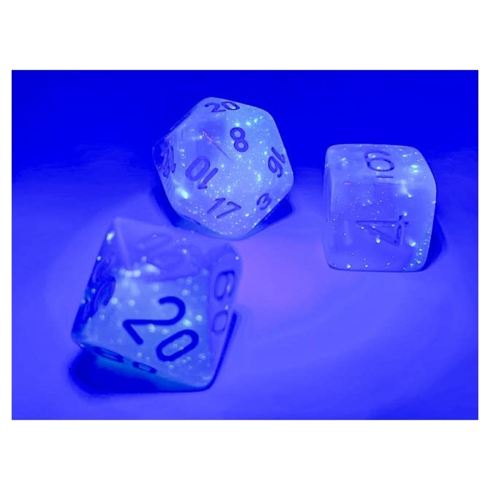 Chessex Gemini Luminary Pearl Turquoise and White with Blue Numbers | 7 Die Polyhedral Set | 26465