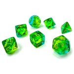 Chessex Gemini Translucent Green and Teal with Yellow Numbers| 7 Die Polyhedral Set | 26466