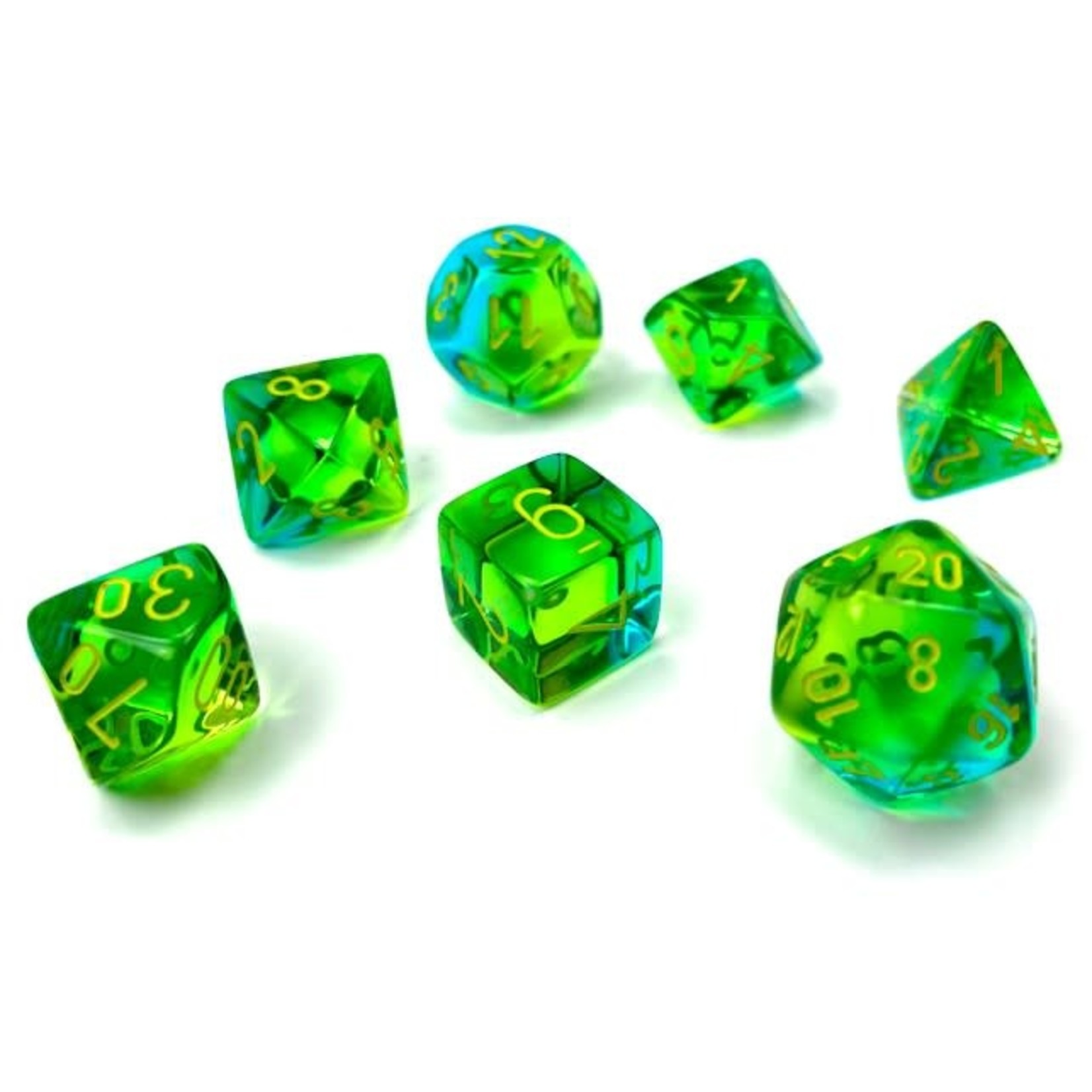 Chessex Gemini Translucent Green and Teal with Yellow Numbers| 7 Die Polyhedral Set | 26466