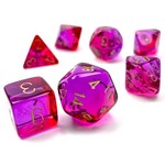 Chessex Gemini Translucent Red and Violet  with Gold Numbers| 7 Die Polyhedral Set | 26467