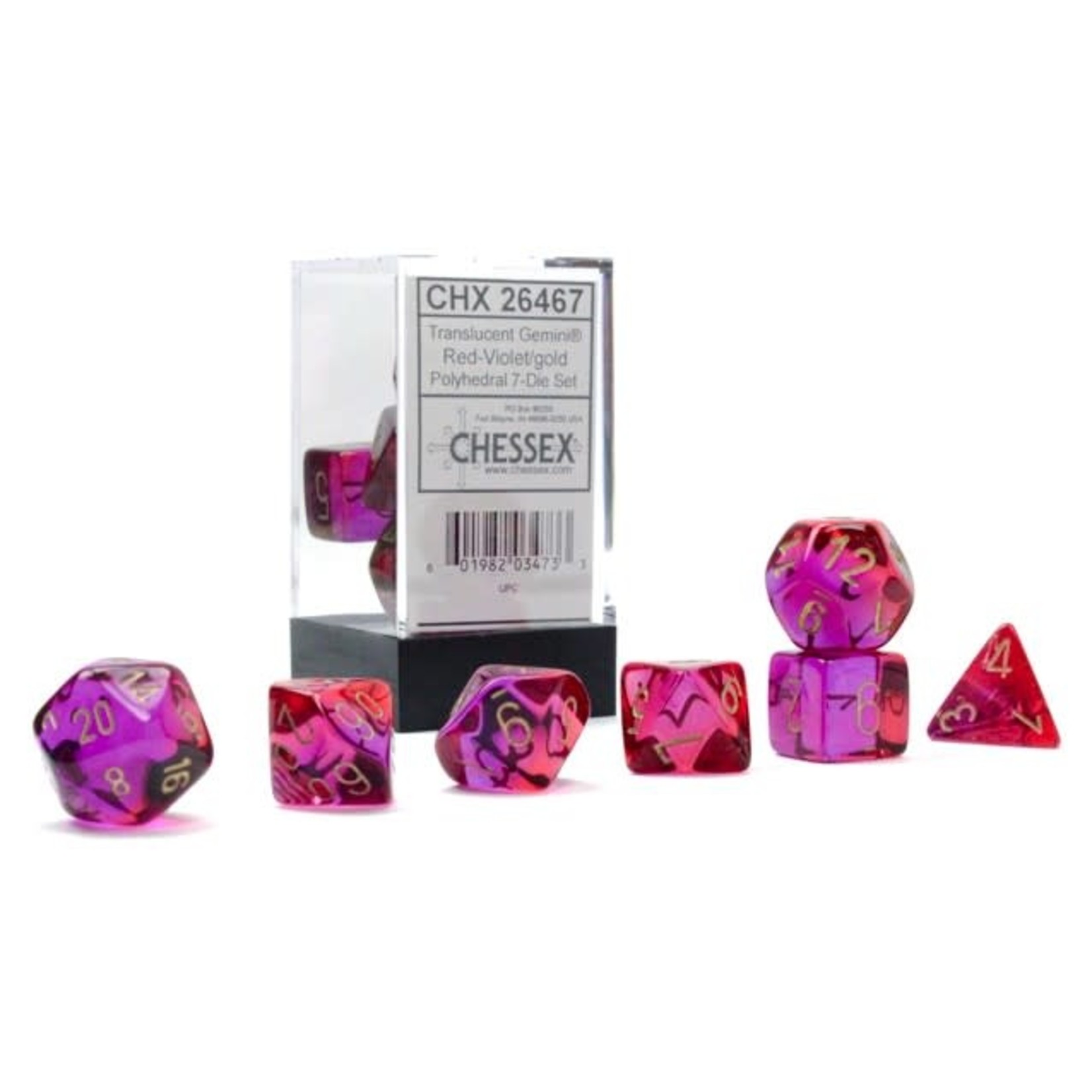 Chessex Gemini Translucent Red and Violet  with Gold Numbers| 7 Die Polyhedral Set | 26467