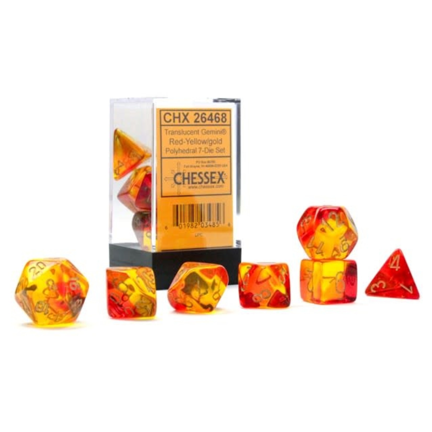 Chessex Gemini Translucent Red and Yellow with Gold Numbers| 7 Die Polyhedral Set | 26468