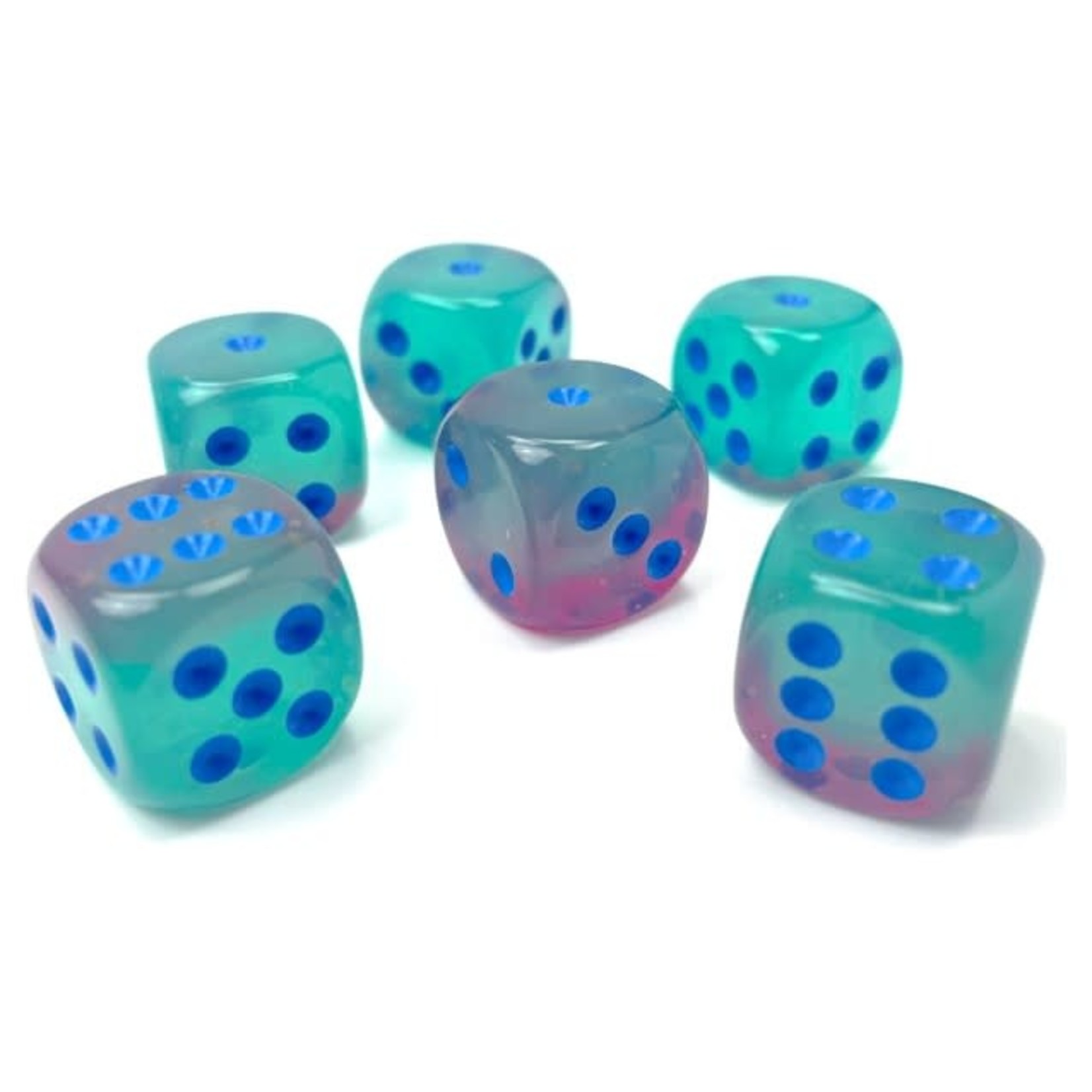 Chessex Gemini Luminary Gel Green and Pink with Blue Numbers | 16mm d6 Dice Block | 26664