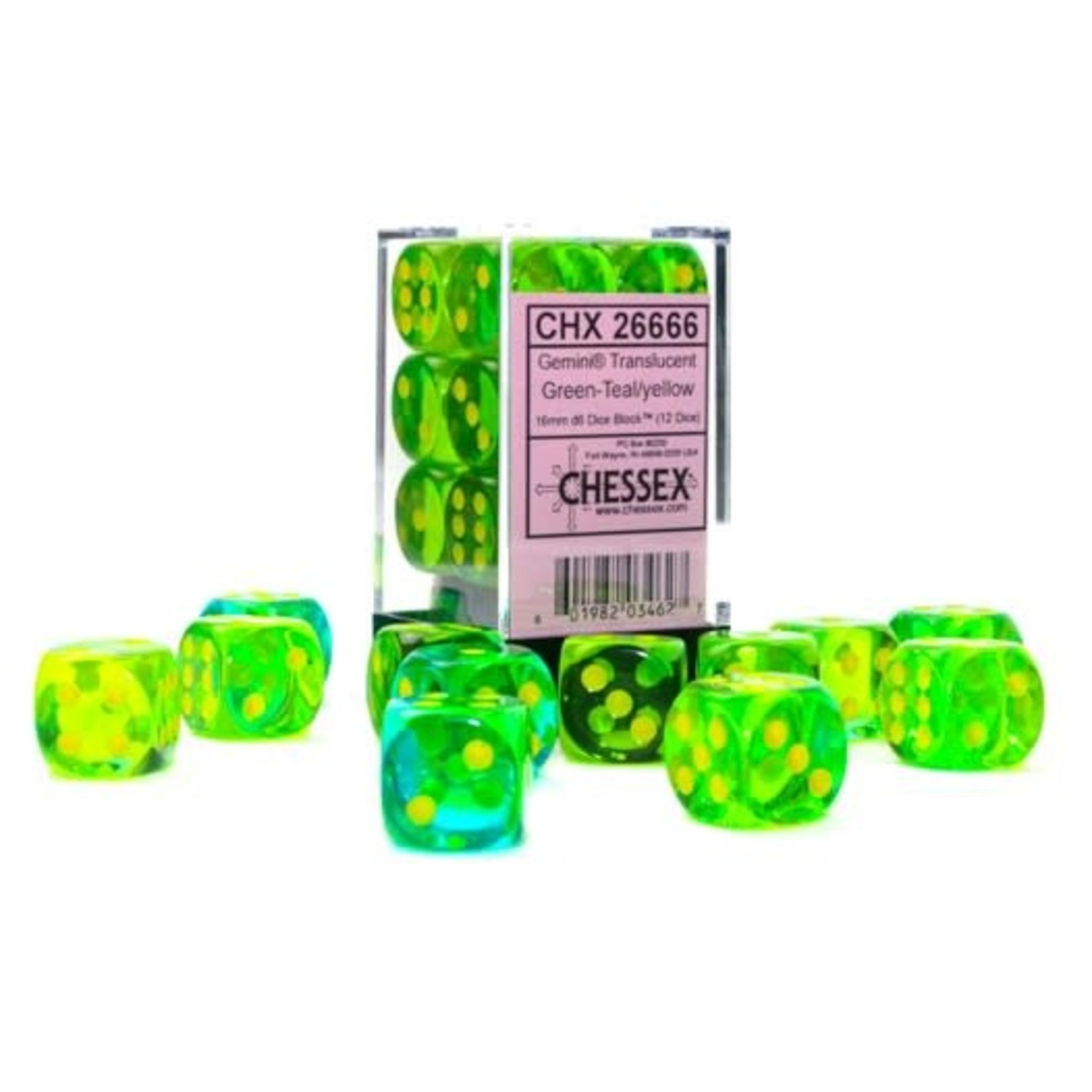 Chessex Gemini Translucent Green and Teal with Yellow Numbers| 16mm d6 Dice Block | 26466
