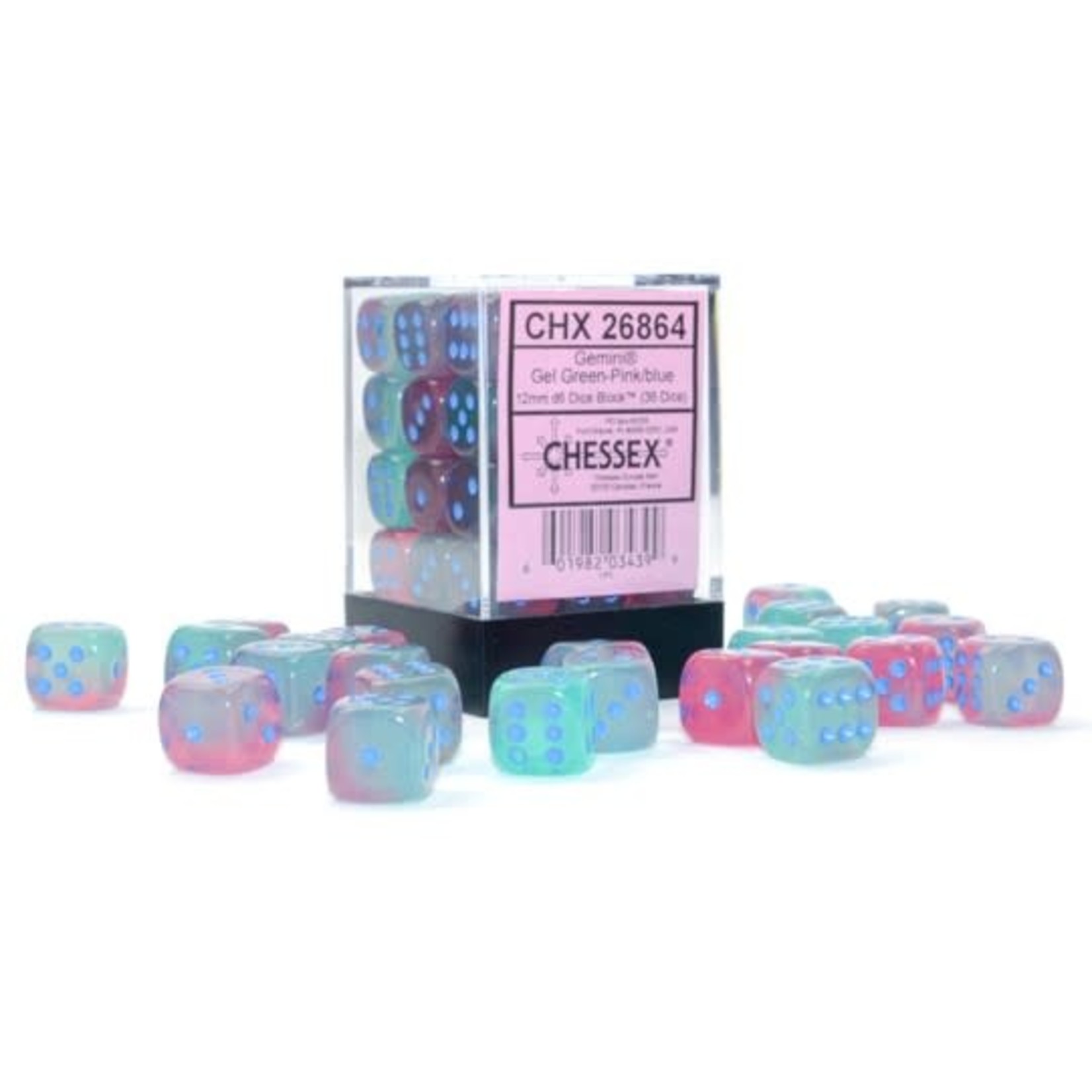Chessex Gemini  Gel Green and Pink with Blue Numbers | 12mm d6 Dice Block | 26864