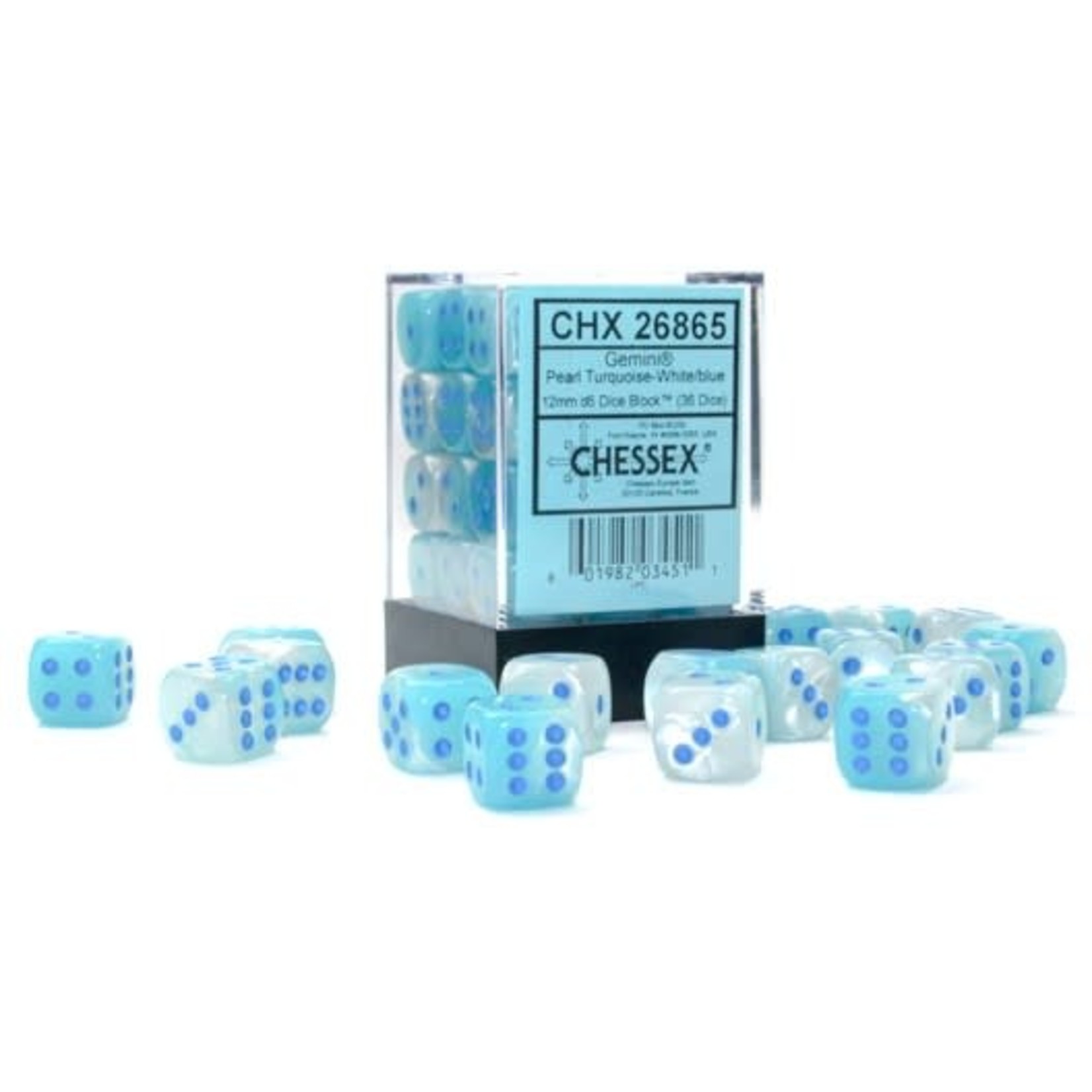 Chessex Gemini Luminary Pearl Turquoise and White with Blue Numbers | 12mm d6 Dice Block | 26865