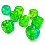 Chessex Gemini Translucent Green and Teal with Yellow Numbers| 16mm d6 Dice Block | 26866