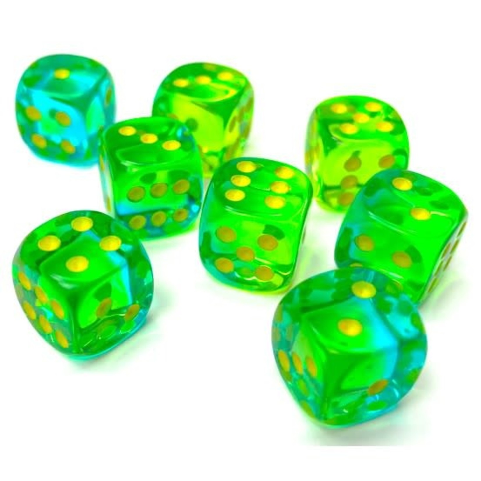 Chessex Gemini Translucent Green and Teal with Yellow Numbers| 16mm d6 Dice Block | 26866