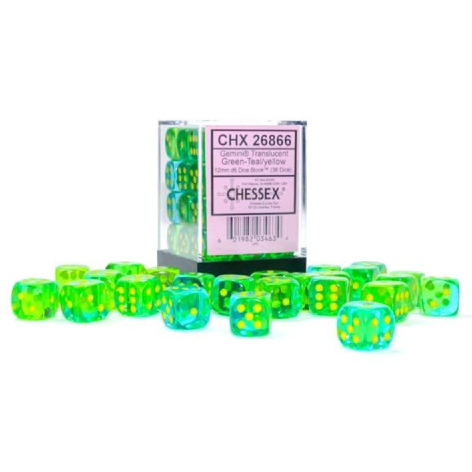 Chessex Gemini Translucent Green and Teal with Yellow Numbers| 16mm d6 Dice Block | 26866