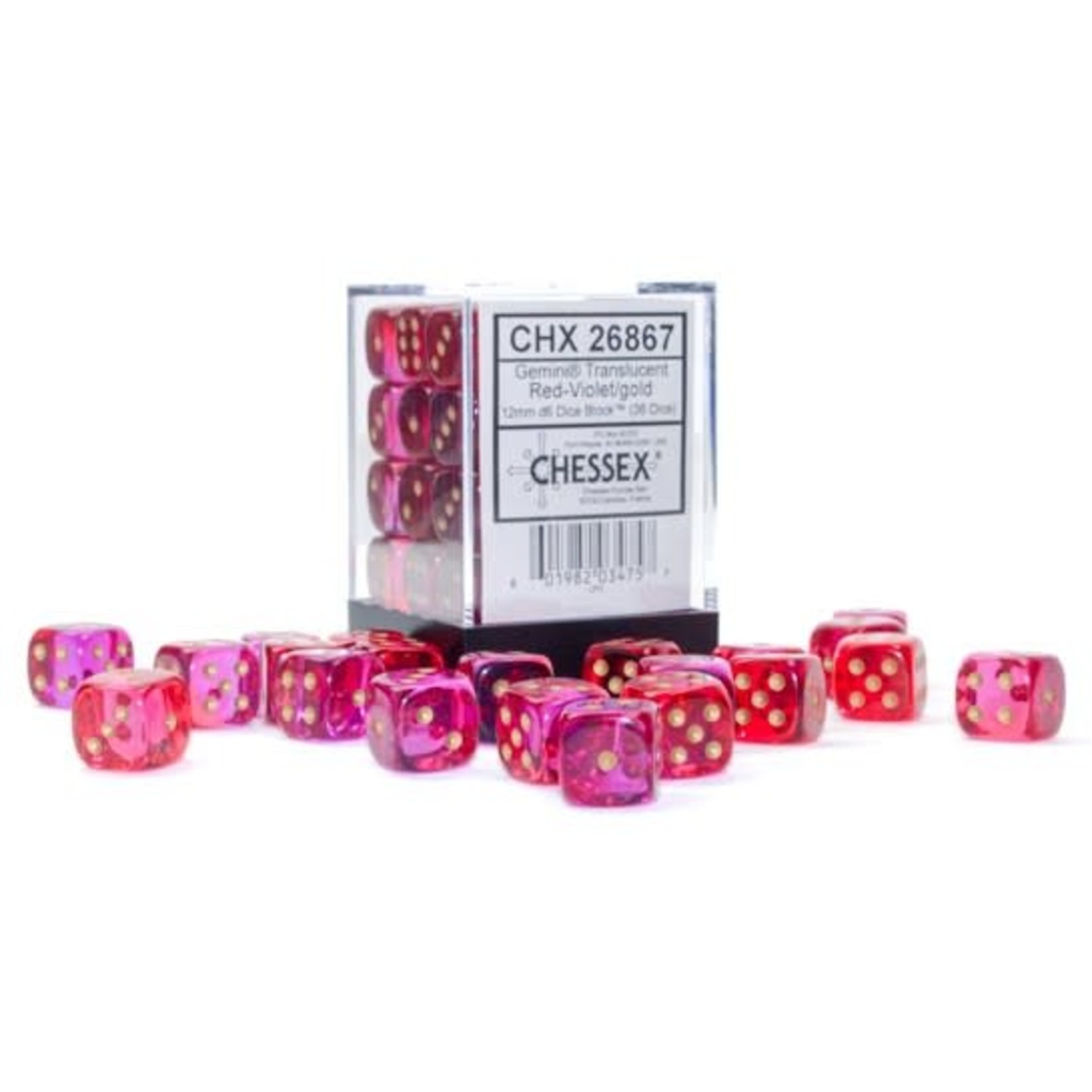 Chessex Gemini Translucent Red and Violet with Gold Numbers| 12mm d6 Dice Block | 26867