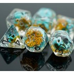 Foam Brain Inclusion Dice: Yellow Flower with Blue Skull Dice Set