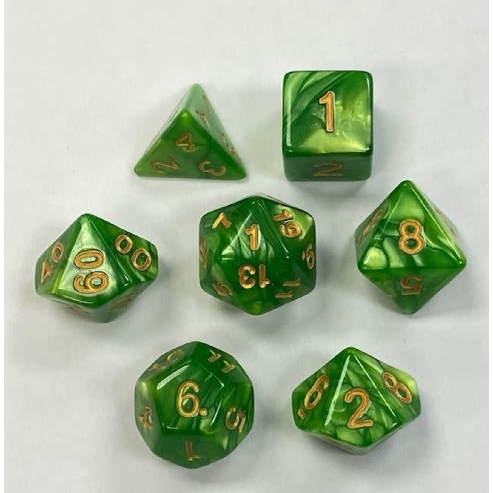HD Pearl Dice: Light Green with Golden Font | 7 Die Acrylic Polyhedral Set