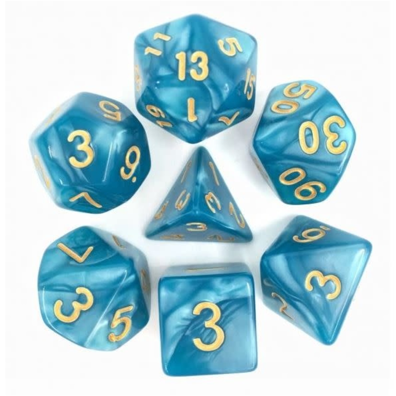 HD Pearl Dice: Lake Blue with Golden Font | 7 Die Acrylic Polyhedral Set