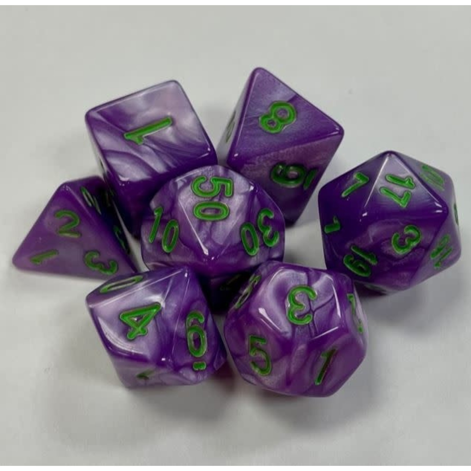 HD Pearl Dice: Light Purple with Green Font | 7 Die Acrylic Polyhedral Set