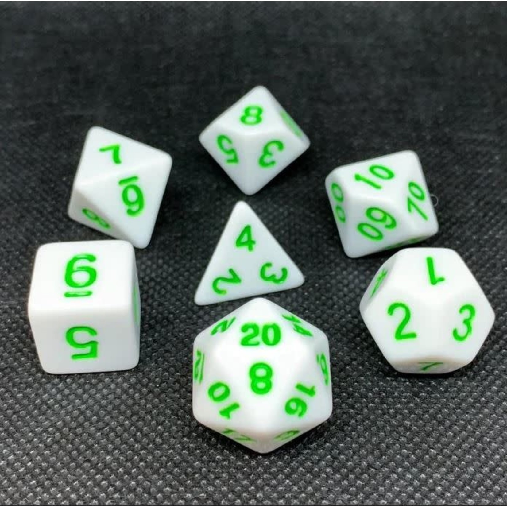 HD Opaque Dice: White Green Font | 7 Die Acrylic Polyhedral Set
