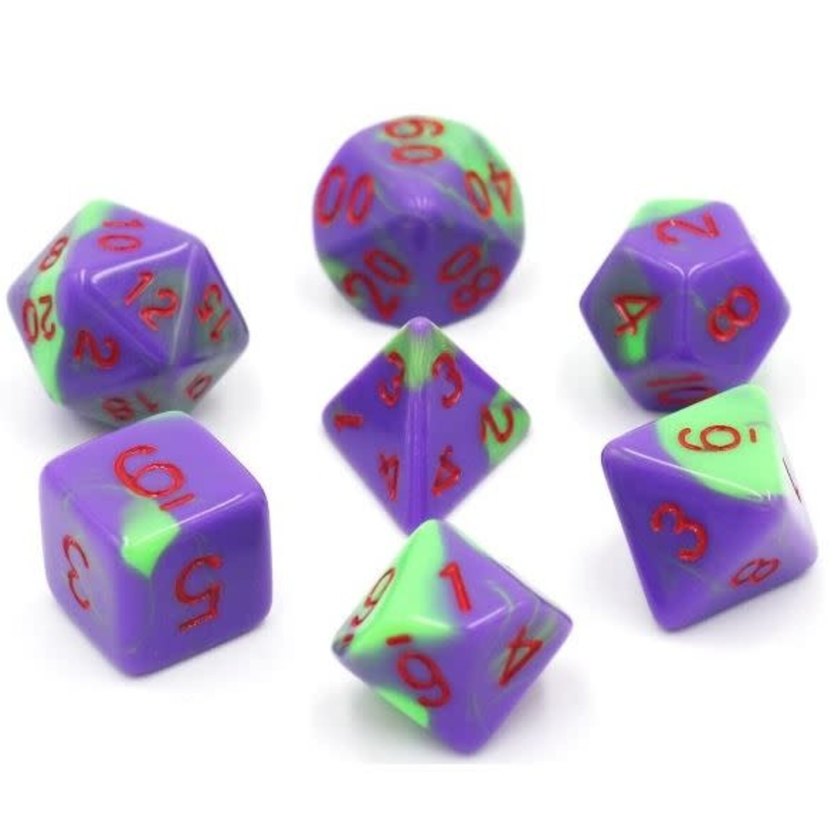 HD Blend Color Dice: Purple and Green Red Font | 7 Die Acrylic Polyhedral Set