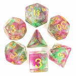 HD Pearl Swirl Dice: Rose Red and Green | 7 Die Resin Polyhedral Set