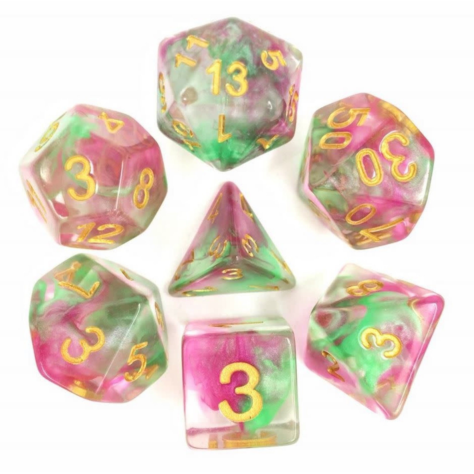 HD Pearl Swirl Dice: Rose Red and Green | 7 Die Resin Polyhedral Set