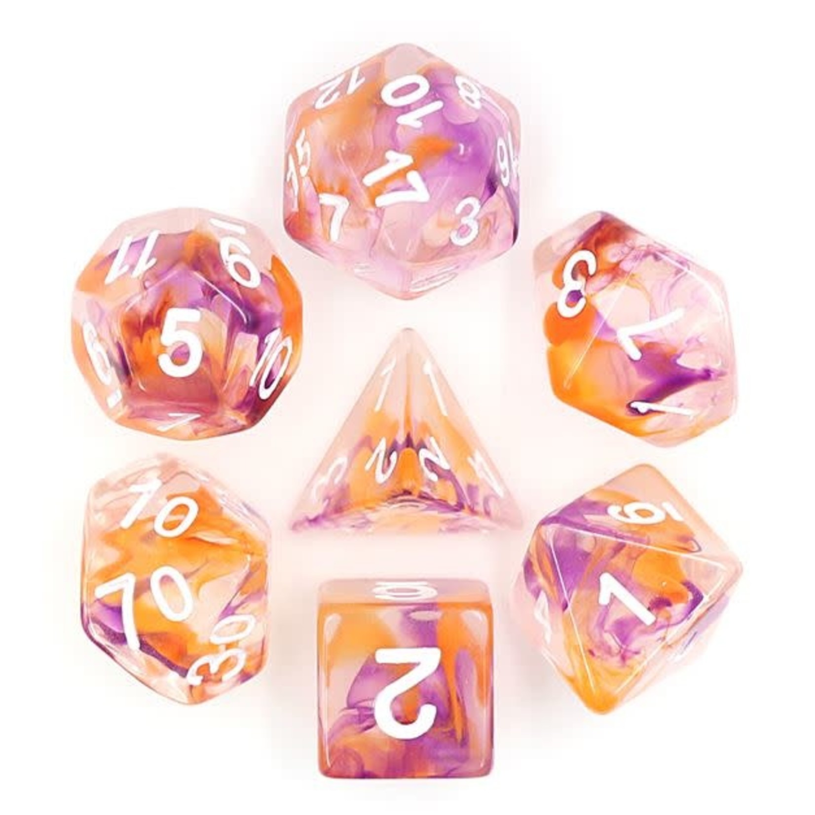 HD Pearl Swirl Dice: Purple and Orange | 7 Die Resin Polyhedral Set