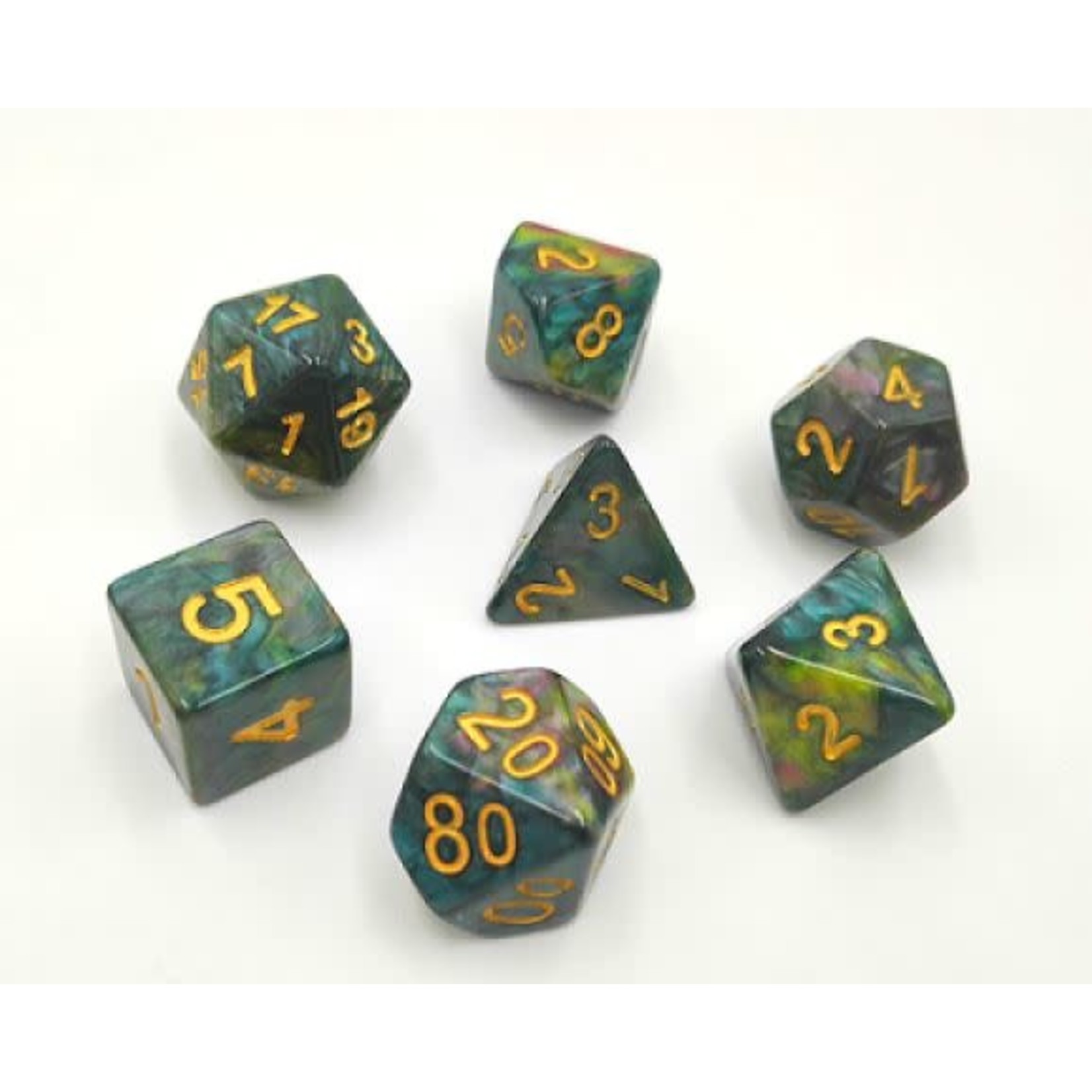HD Marble Dice: Blue and Yellow and Rose Red | 7 Die Resin Polyhedral Set