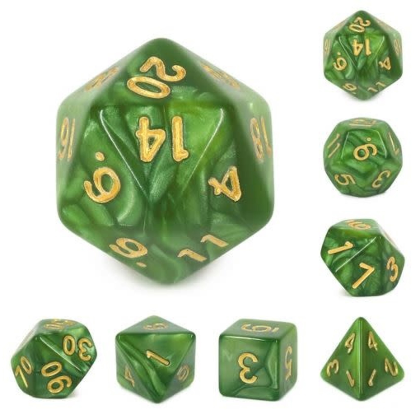 HD Pearl Dice: Grass Green with Golden Font | 7 Die Acrylic Polyhedral Set