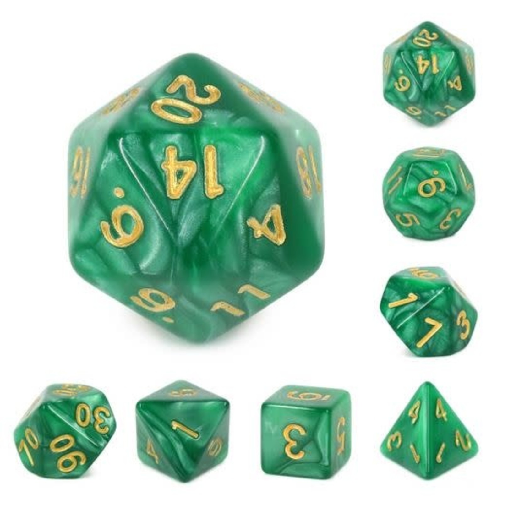 HD Pearl Dice: Green with Golden Font | 7 Die Acrylic Polyhedral Set