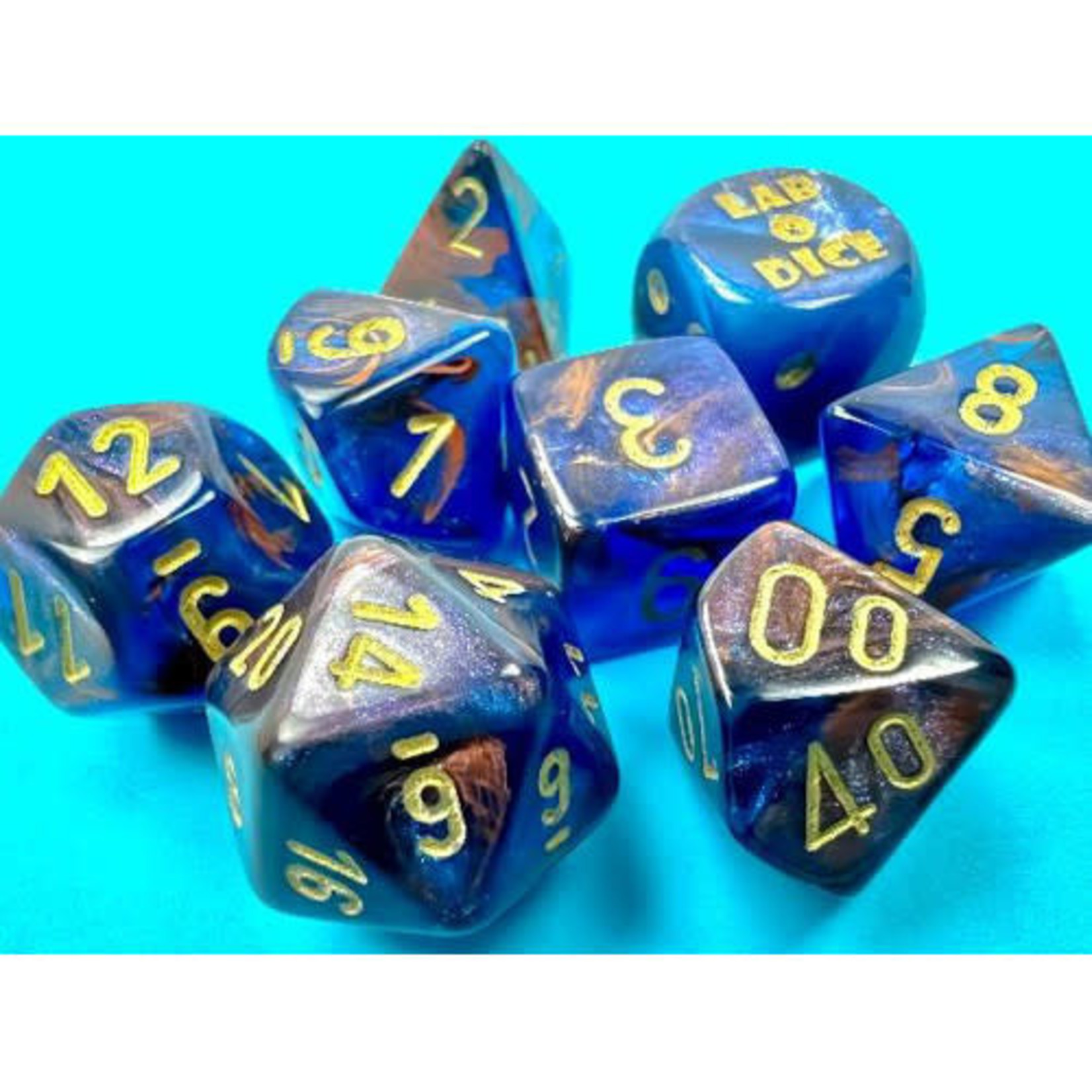 Chessex Lab Dice Series 6 - Lustrous - Azurite w / Gold | 8 Die Polyhedral Set | 30055