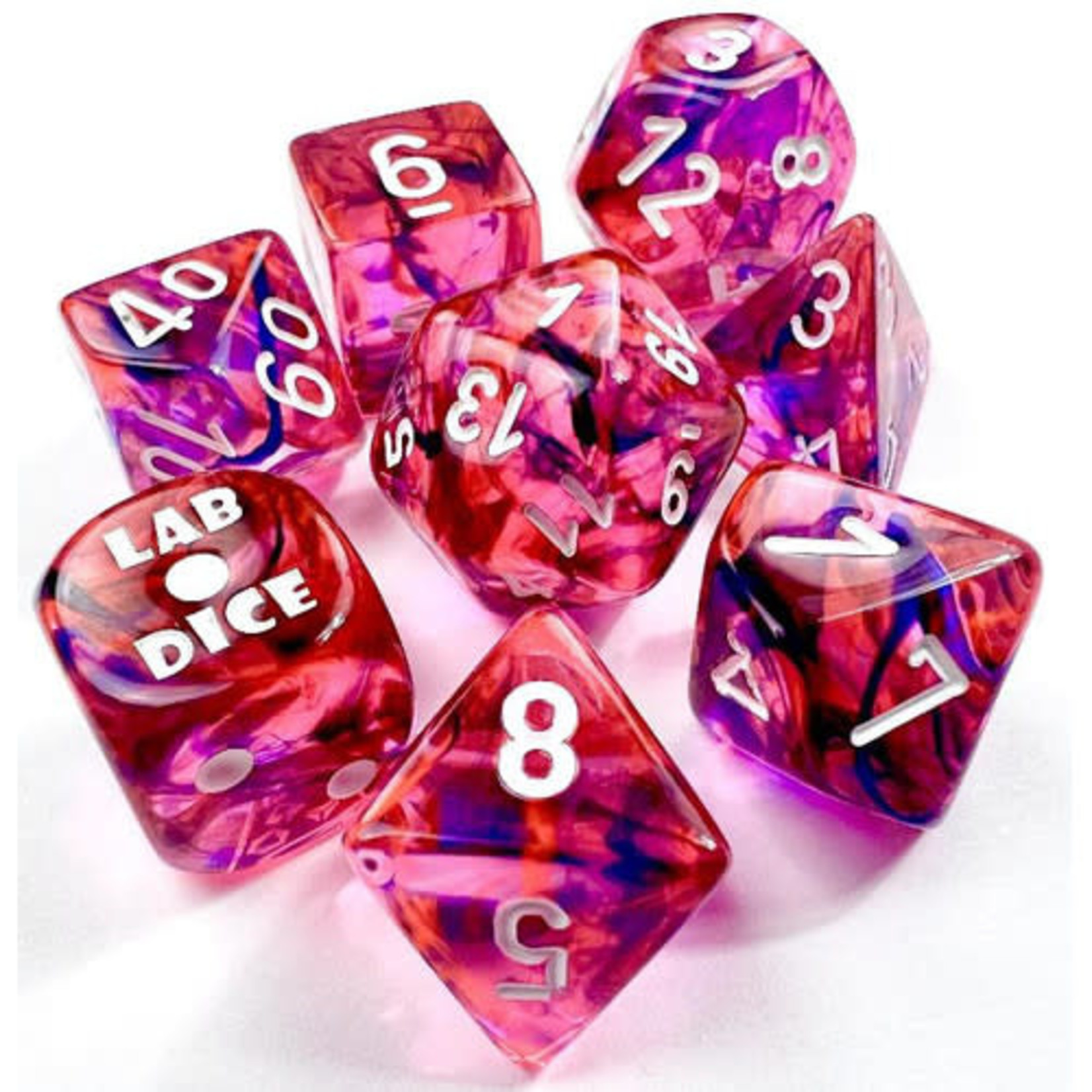 Chessex Lab Dice Nebula - Black Light Special w / White | 8 Die Polyhedral Set | 30057