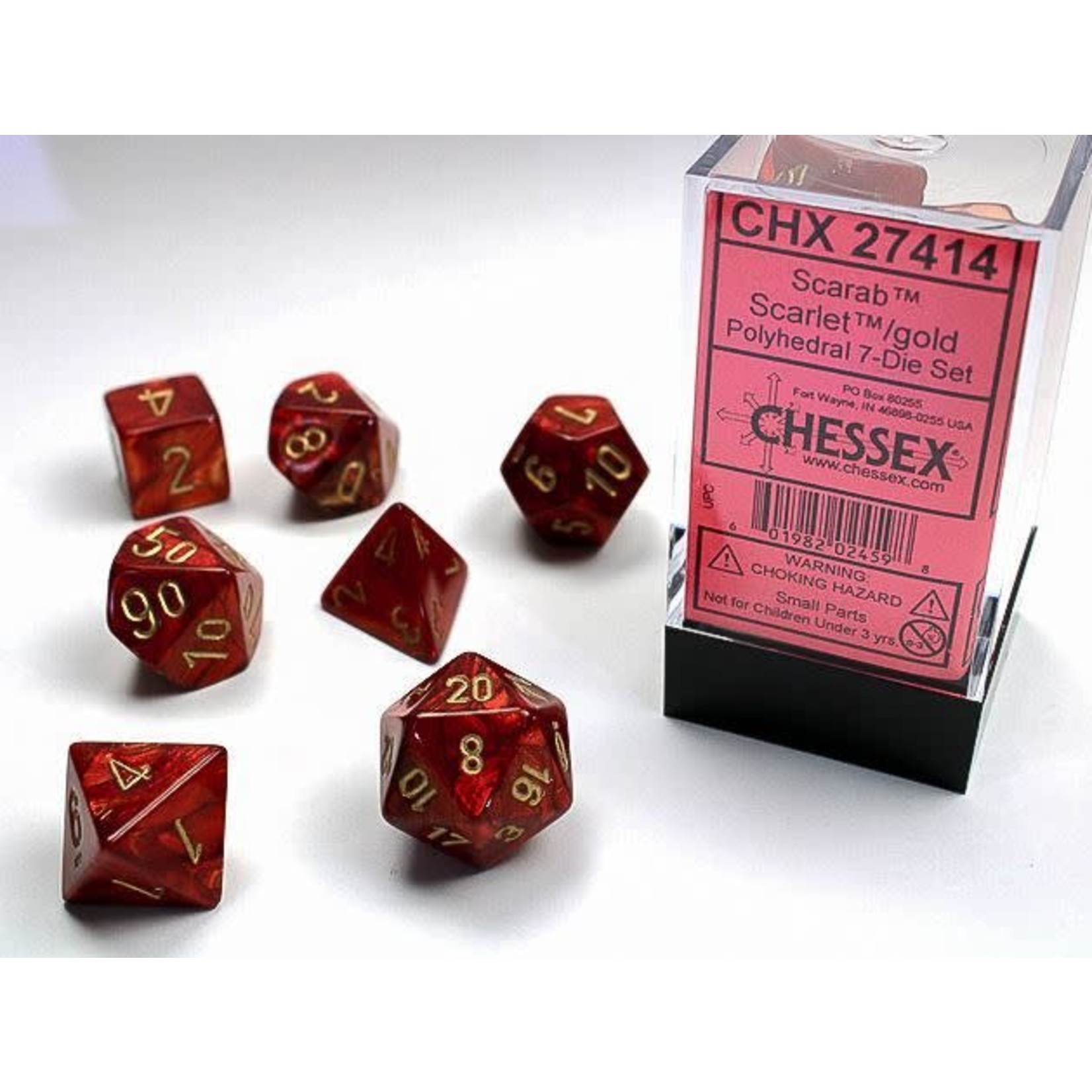 Chessex Scarab Dice: Scarlet / gold | 7 Die Polyhedral Set | 27414