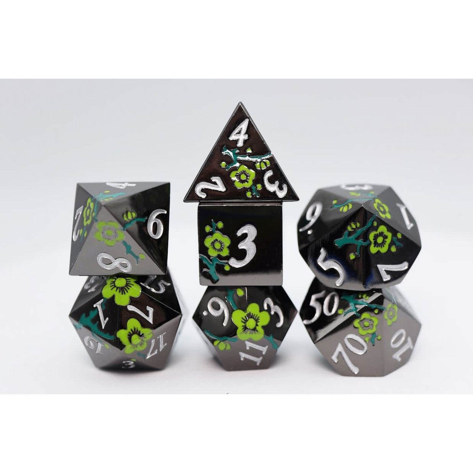 Foam Brain Metal Dice: Black with Green Orchids RPG Set
