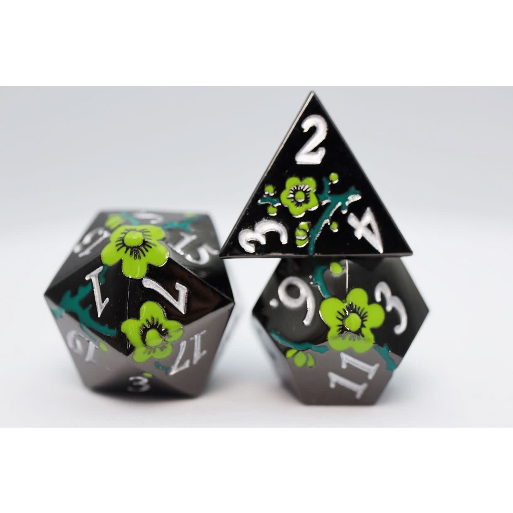 Foam Brain Metal Dice: Black with Green Orchids RPG Set