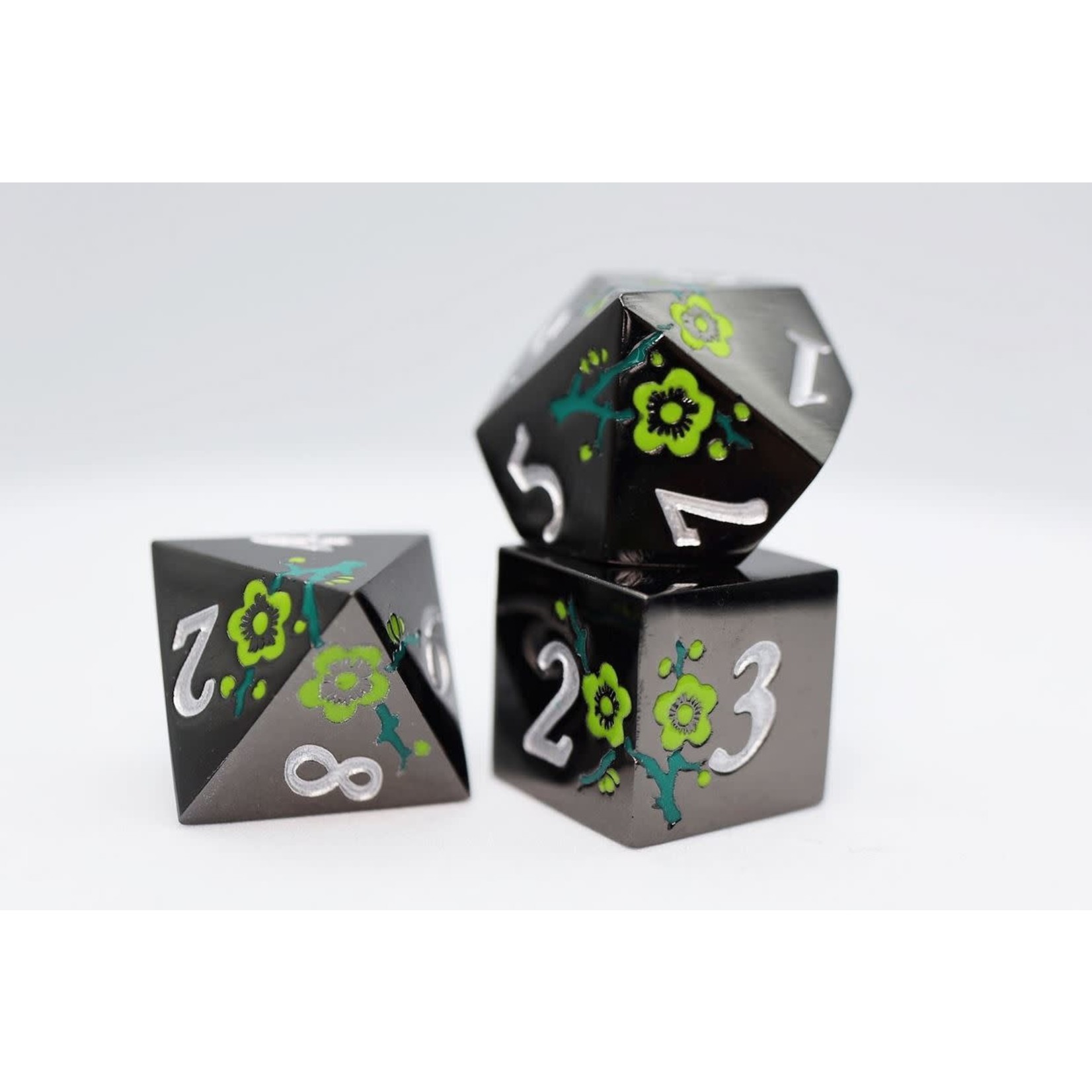 Foam Brain Metal Dice: Black with Green Orchids RPG Set