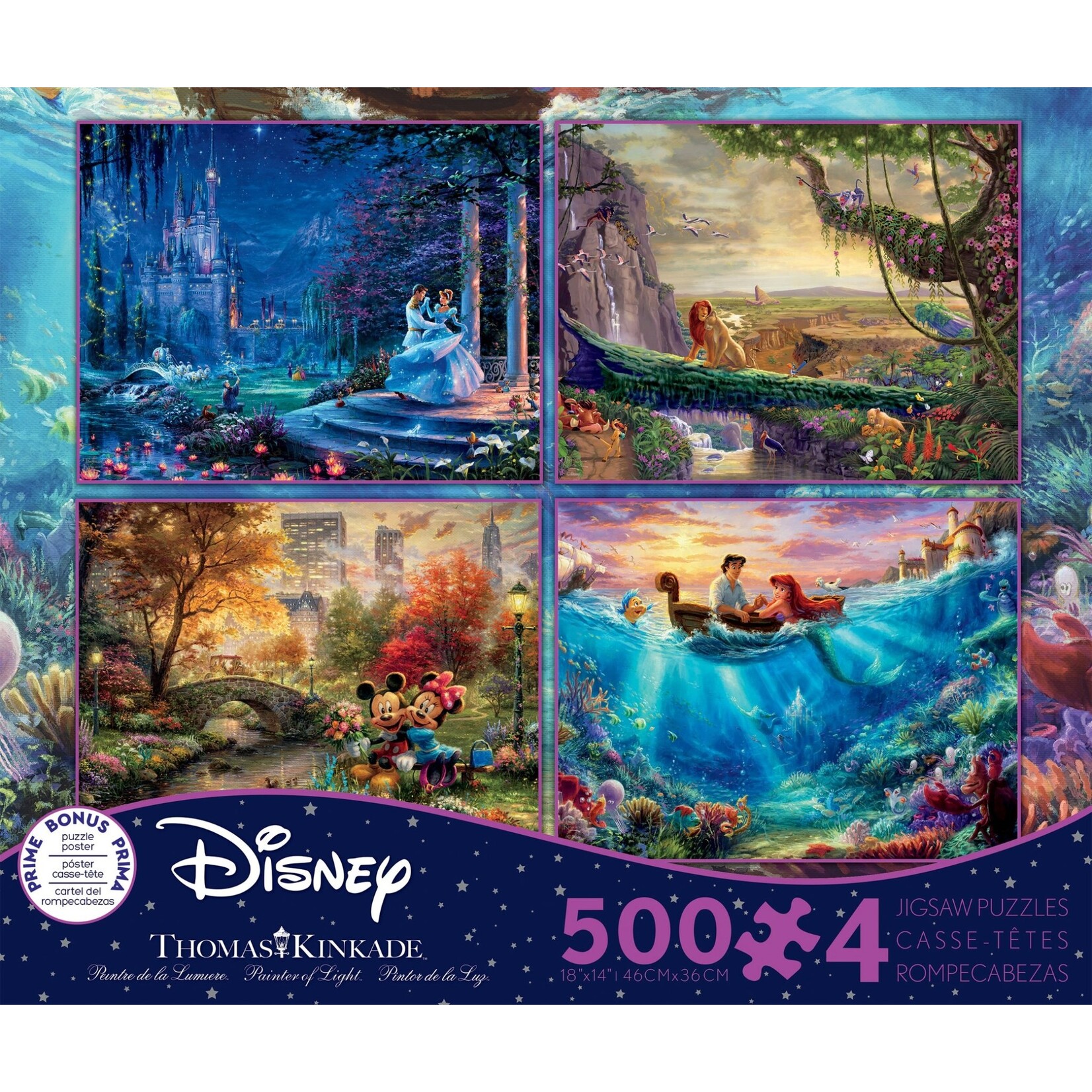 Disney Dreams 4 in 1 500 Piece Puzzle Set Thomas Kinkade (Cinderella, Mickey, Lion King and Little Mermaid)