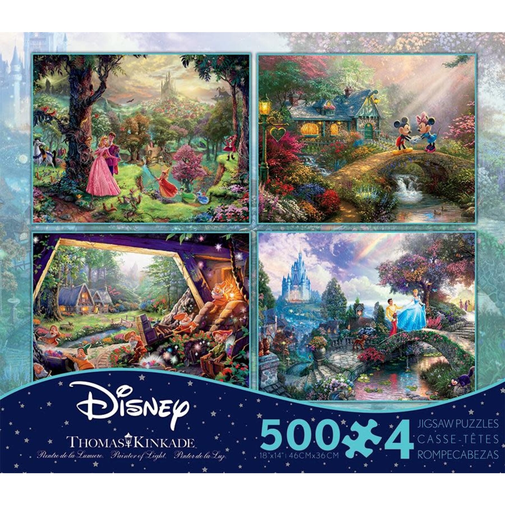 Disney Dreams 4 in 1 500 Piece Puzzle Set Thomas Kinkade (Sleeping Beauty, Snow White, Mickey and Cinderealla)