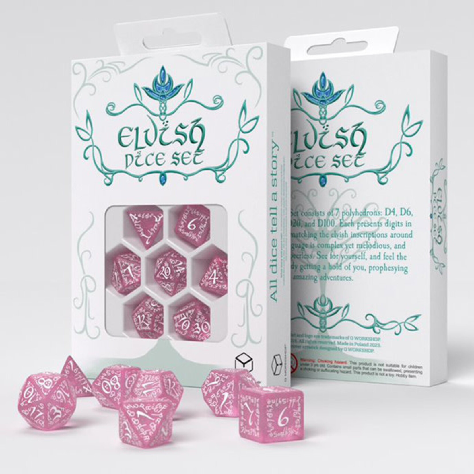 7-Die Polyhedral Set Elvish: Shimmering Pink/White