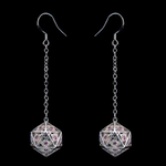 Dragon's Eye D20 Dice Earrings - Silver with Pink Gems