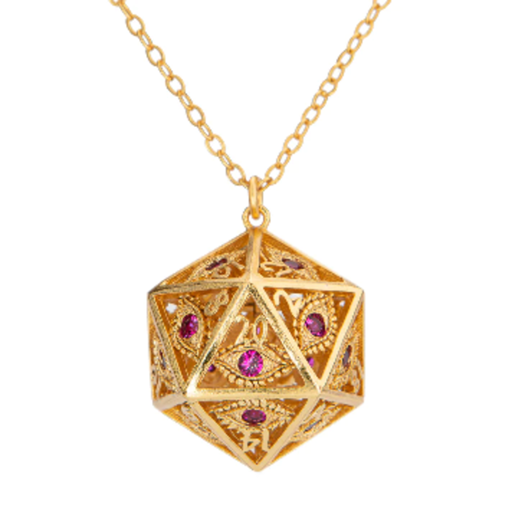 Dragon's Eye D20 Necklace - Gold with Ruby Red Gems