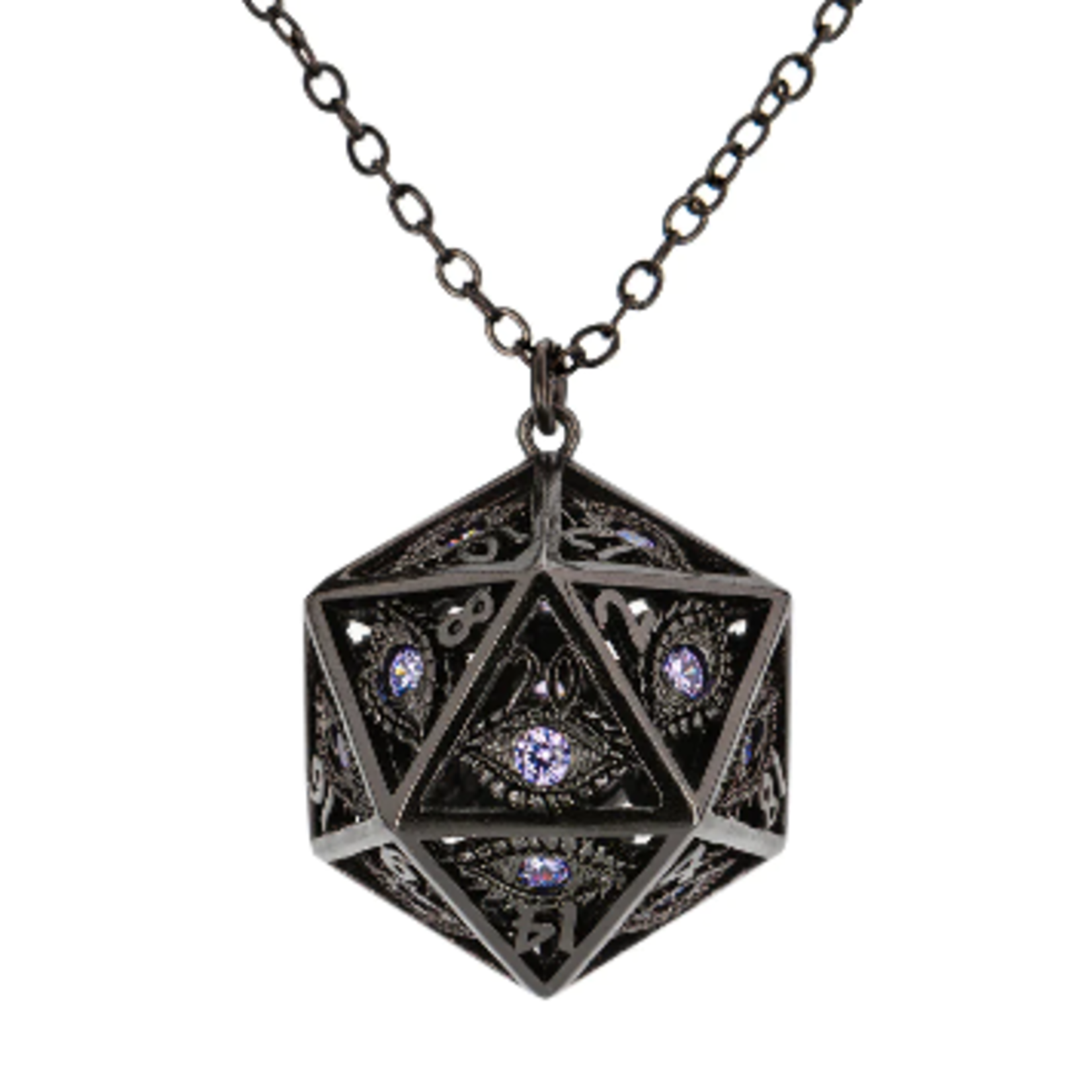 Dragon's Eye D20 Necklace - Gunmetal with Purple Gems