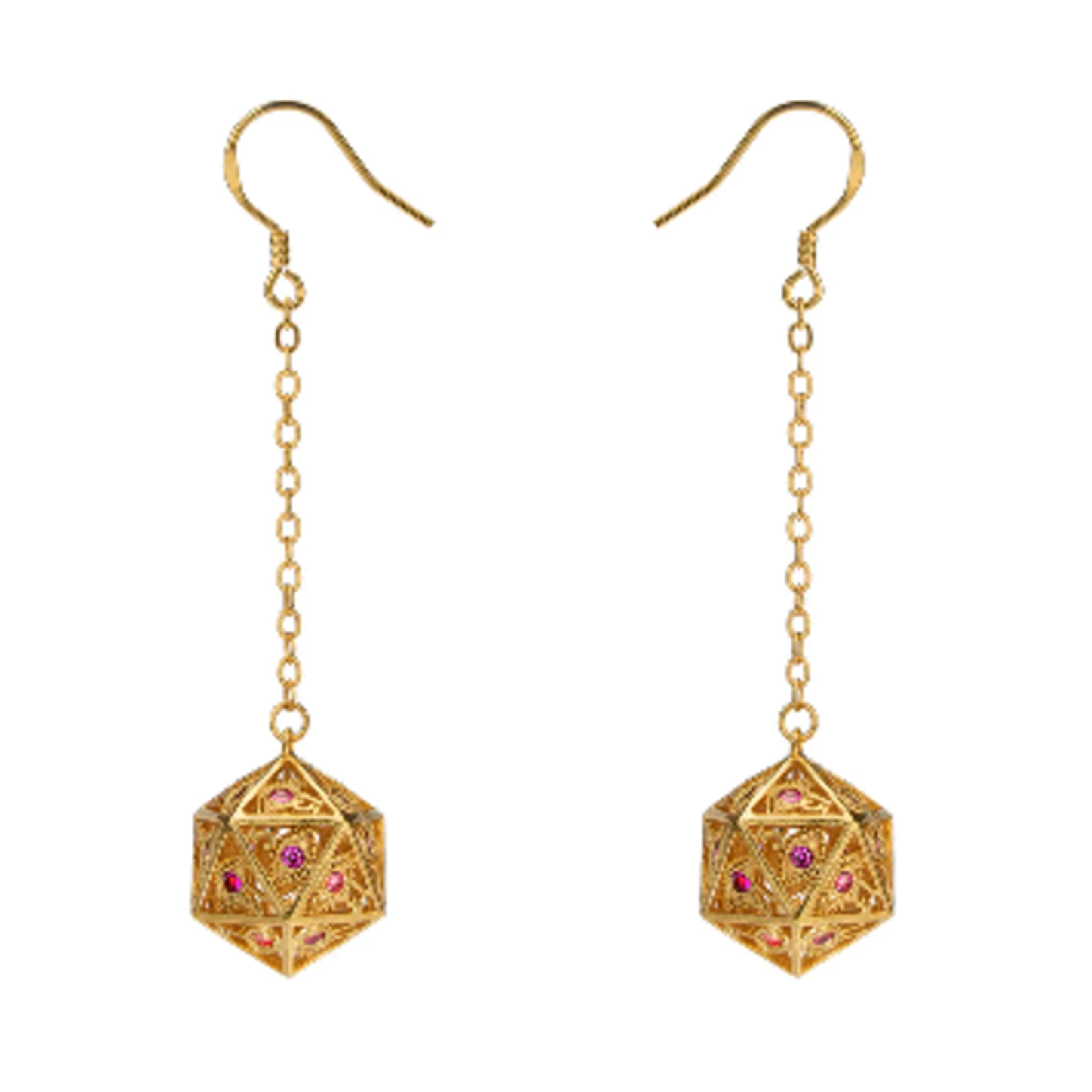 Dragon's Eye D20 Dice Earrings - Gold with Ruby Red Gems