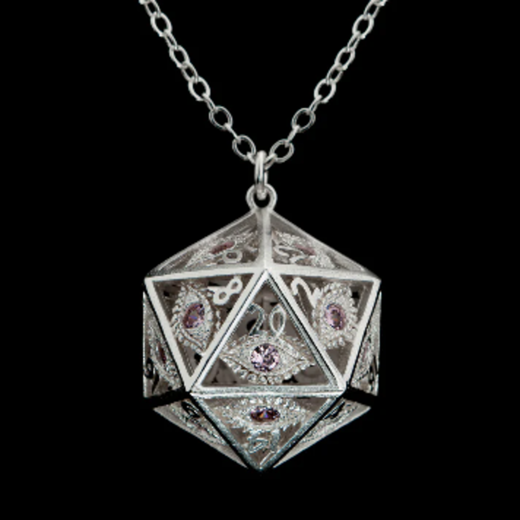 Dragon's Eye D20 Necklace - Silver with Pink Gems