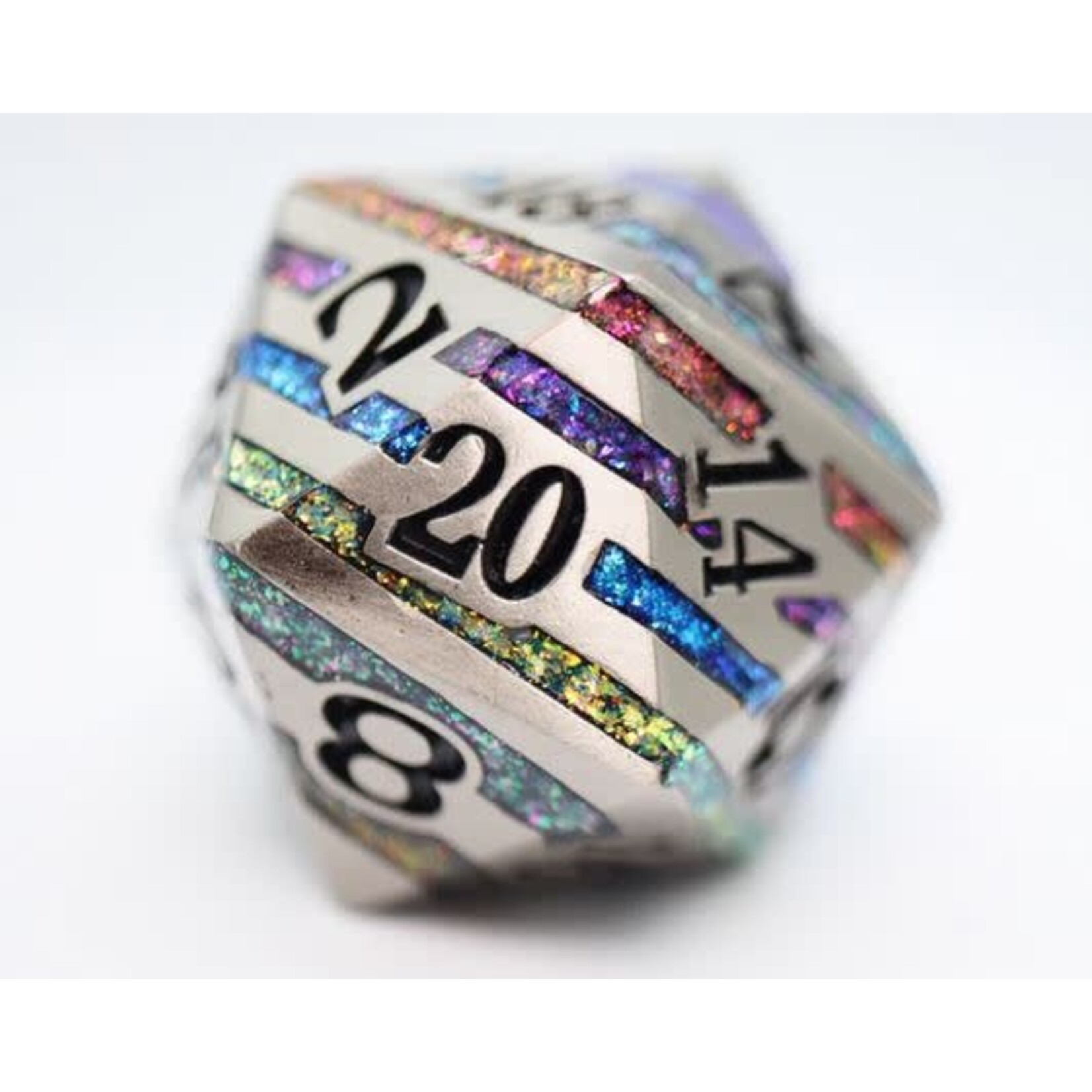 Foam Brain Metal Dice: 35mm Metal D20 - Silver with Rainbow Mica